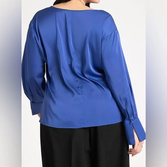 NWT Eloquii tie neckline satin blouse sz 16 cobalt - Picture 2 of 7